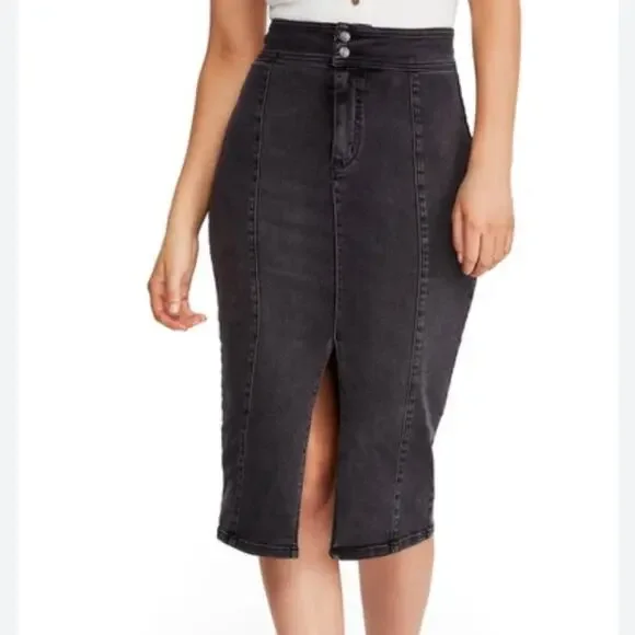 FREE PEOPLE | Maddie Denim Midi Skirt Front Slit Black Jean Pencil | 28, 6 - Picture 1 of 8
